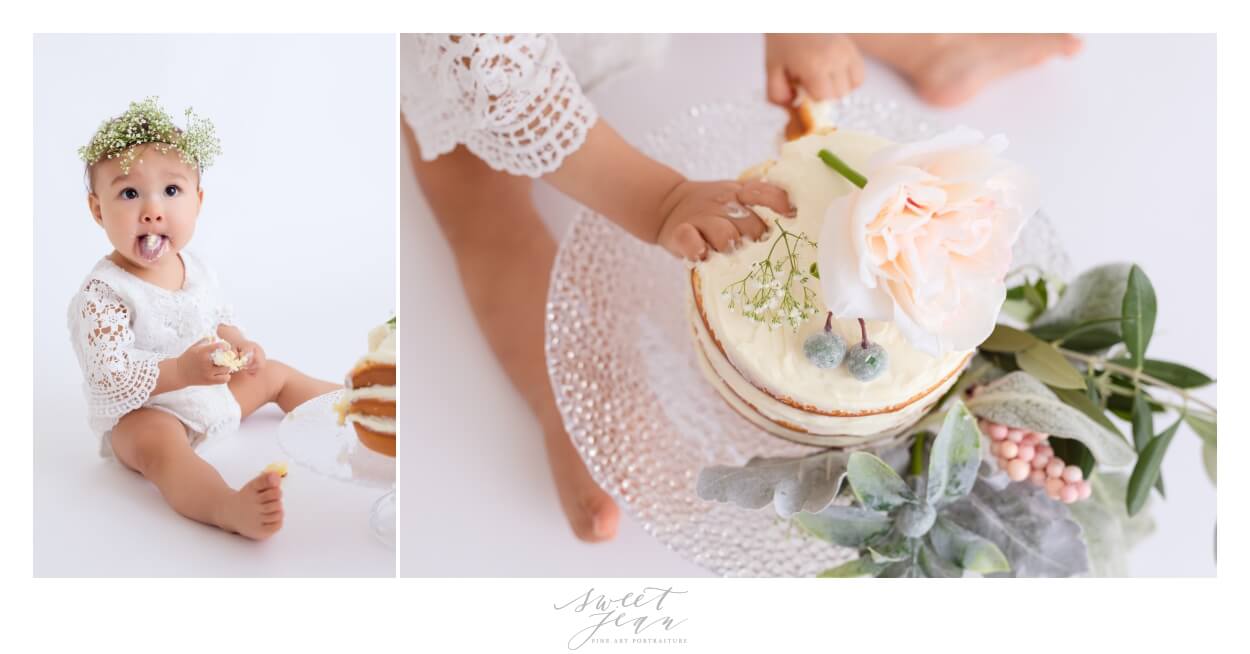 baby girl eating cake 1st birhtday florals Sacramento Baby Photographer Sweet Jean Photography