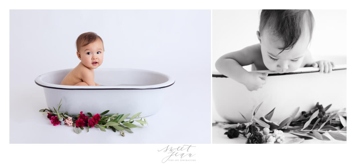 baby girl in floral bath Sacramento Baby Photographer Sweet Jean Photography