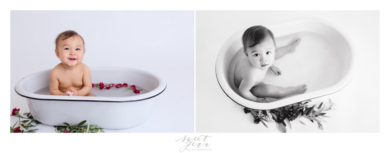 baby girl in bath with flowers Sacramento Baby Photographer Sweet Jean Photography